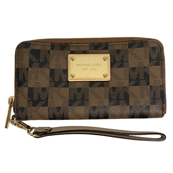 MICHAEL KORS Jet Set Travel MK Logo Continental Wallet Wristlet Brown/Gold - Picture 1 of 10